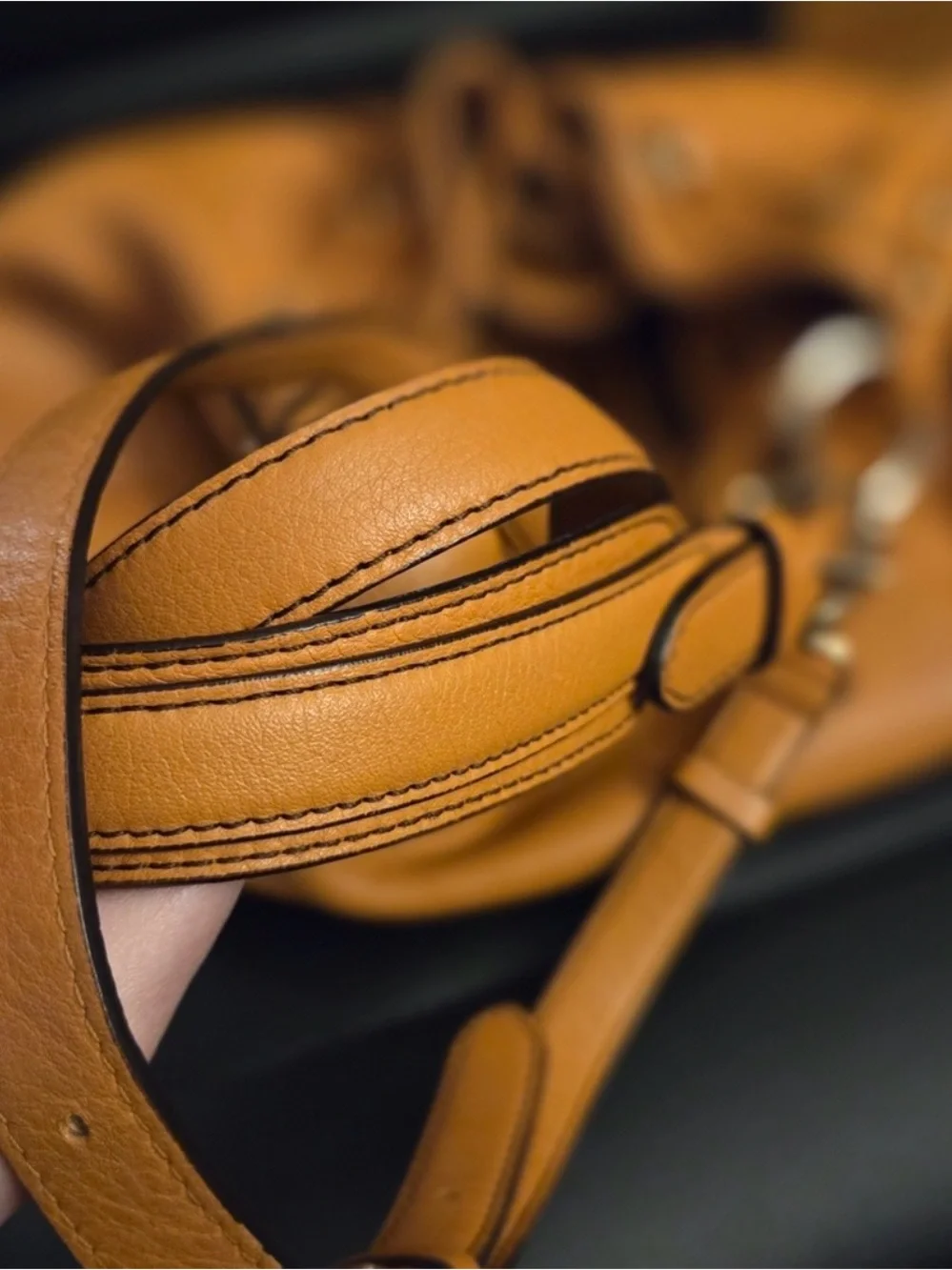 Authentic MCM Heritage Leather Drawstring Bucket Bag - Cognac Tan